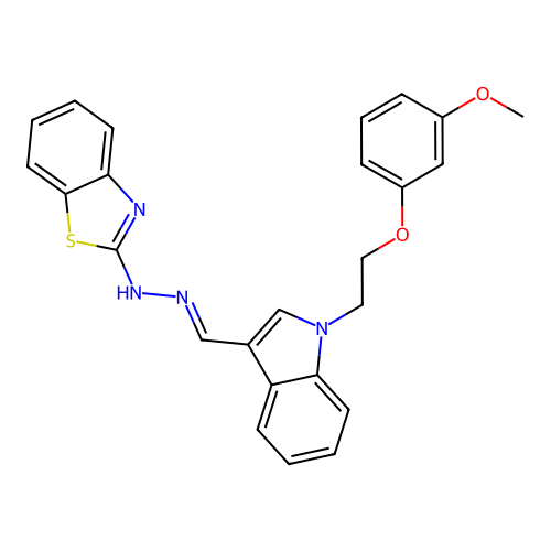 N-[[1-[2-(3-methoxyphenoxy)ethyl]indol-3-yl]methylideneamino]benzothiazol-2-amine structure