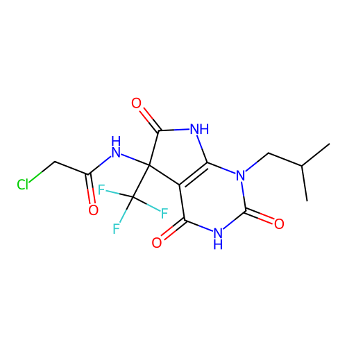 2-chloro-N-(1-isobutyl-2,4,6-trioxo-5-(trifluoromethyl)-2,3,4,5,6,7-hexahydro-1H-pyrrolo[2,3-d]pyrimidin-5-yl)acetamide structure