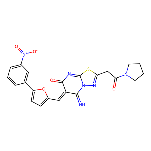 (Z)-5-imino-6-((5-(3-nitrophenyl)furan-2-yl)methylene)-2-(2-oxo-2-(pyrrolidin-1-yl)ethyl)-5H-[1,3,4]thiadiazolo[3,2-a]pyrimidin-7(6H)-one structure