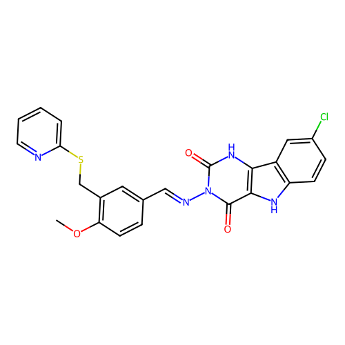 (E)-8-chloro-3-((4-methoxy-3-((pyridin-2-ylthio)methyl)benzylidene)amino)-1H-pyrimido[5,4-b]indole-2,4(3H,5H)-dione structure
