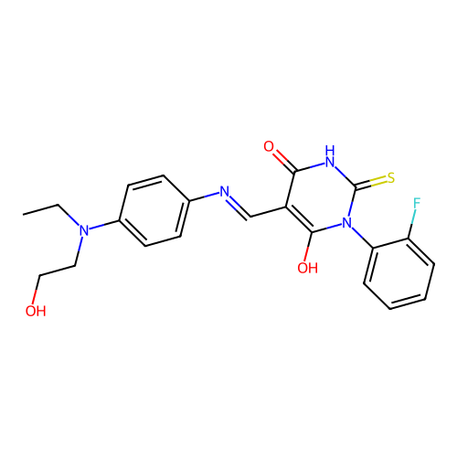 (5E)-5-[({4-[ethyl(2-hydroxyethyl)amino]phenyl}amino)methylidene]-1-(2-fluorophenyl)-2-sulfanylpyrimidine-4,6(1H,5H)-dione structure