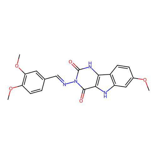 (E)-3-((3,4-dimethoxybenzylidene)amino)-7-methoxy-1H-pyrimido[5,4-b]indole-2,4(3H,5H)-dione structure