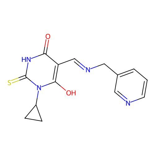 1-cyclopropyl-5-[(pyridin-3-ylmethylamino)methylidene]-2-sulfanylidene-1,3-diazinane-4,6-dione structure