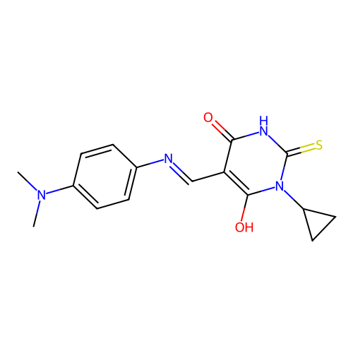 (Z)-1-cyclopropyl-5-(((4-(dimethylamino)phenyl)amino)methylene)-2-thioxodihydropyrimidine-4,6(1H,5H)-dione structure