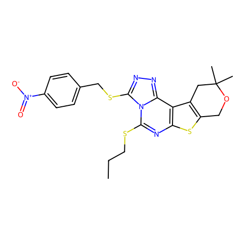 10,10-dimethyl-3-((4-nitrobenzyl)thio)-5-(propylthio)-10,11-dihydro-8H-pyrano[4',3':4,5]thieno[3,2-e][1,2,4]triazolo[4,3-c]pyrimidine structure