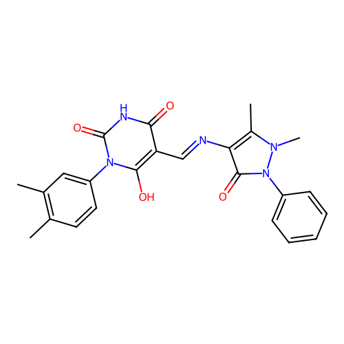 (E)-5-(((1,5-dimethyl-3-oxo-2-phenyl-2,3-dihydro-1H-pyrazol-4-yl)amino)methylene)-1-(3,4-dimethylphenyl)pyrimidine-2,4,6(1H,3H,5H)-trione structure