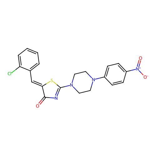 (5Z)-5-(2-chlorobenzylidene)-2-[4-(4-nitrophenyl)piperazin-1-yl]-1,3-thiazol-4(5H)-one structure