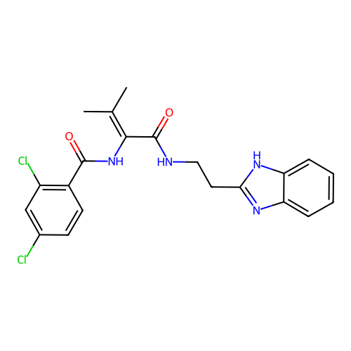 N-(1-((2-(1H-benzo[d]imidazol-2-yl)ethyl)amino)-3-methyl-1-oxobut-2-en-2-yl)-2,4-dichlorobenzamide structure