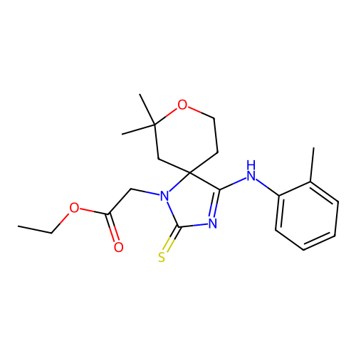 (Z)-ethyl 2-(7,7-dimethyl-2-thioxo-4-(o-tolylimino)-8-oxa-1,3-diazaspiro[4.5]decan-1-yl)acetate structure