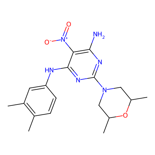 2-(2,6-dimethylmorpholino)-N4-(3,4-dimethylphenyl)-5-nitropyrimidine-4,6-diamine structure