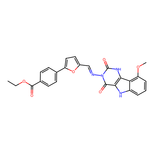 (E)-ethyl 4-(5-(((9-methoxy-2,4-dioxo-1H-pyrimido[5,4-b]indol-3(2H,4H,5H)-yl)imino)methyl)furan-2-yl)benzoate structure