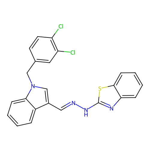 (E)-2-(2-((1-(3,4-dichlorobenzyl)-1H-indol-3-yl)methylene)hydrazinyl)benzo[d]thiazole structure