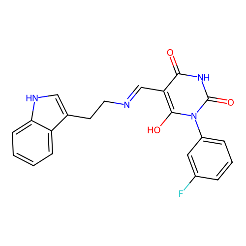1-(3-fluorophenyl)-5-[[2-(1H-indol-3-yl)ethylamino]methylidene]-1,3-diazinane-2,4,6-trione structure