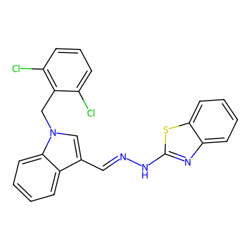 (E)-2-(2-((1-(2,6-dichlorobenzyl)-1H-indol-3-yl)methylene)hydrazinyl)benzo[d]thiazole structure
