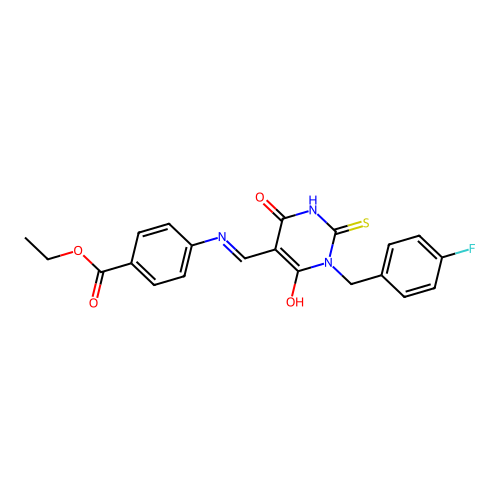 (E)-ethyl 4-(((1-(4-fluorobenzyl)-4,6-dioxo-2-thioxotetrahydropyrimidin-5(2H)-ylidene)methyl)amino)benzoate structure
