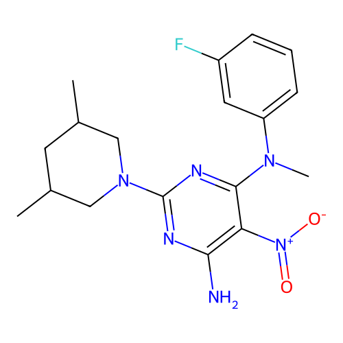 2-(3,5-dimethyl-1-piperidyl)-N-(3-fluorophenyl)-N-methyl-5-nitro-pyrimidine-4,6-diamine structure
