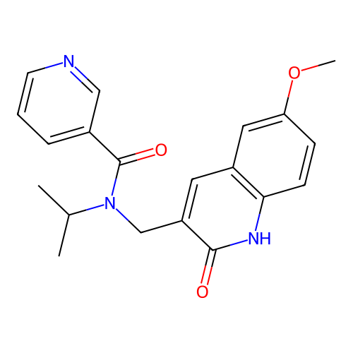 N-((2-hydroxy-6-methoxyquinolin-3-yl)methyl)-N-isopropylnicotinamide structure