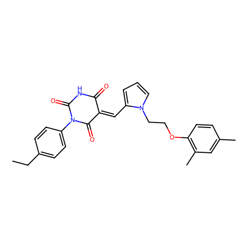 (5E)-5-({1-[2-(2,4-dimethylphenoxy)ethyl]-1H-pyrrol-2-yl}methylidene)-1-(4-ethylphenyl)pyrimidine-2,4,6(1H,3H,5H)-trione structure