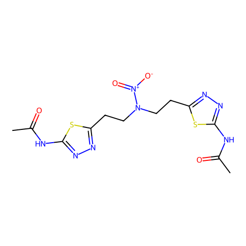 N,N'-[(nitroimino)bis(ethane-2,1-diyl-1,3,4-thiadiazol-2-yl-5-ylidene)]diacetamide structure