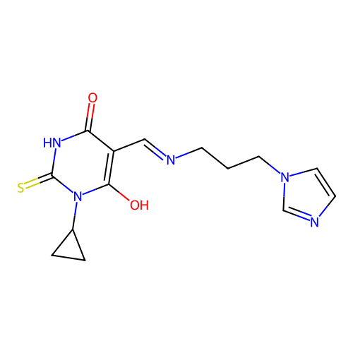 1-cyclopropyl-5-[(3-imidazol-1-ylpropylamino)methylidene]-2-sulfanylidene-1,3-diazinane-4,6-dione structure