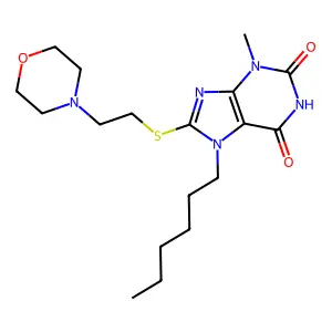 7-hexyl-3-methyl-8-((2-morpholinoethyl)thio)-1H-purine-2,6(3H,7H)-dione structure