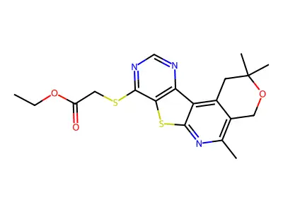 ethyl 2-((2,2,5-trimethyl-2,4-dihydro-1H-pyrano[4'',3'':4',5']pyrido[3',2':4,5]thieno[3,2-d]pyrimidin-8-yl)thio)acetate structure
