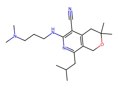 6-[3-(dimethylamino)propylamino]-3,3-dimethyl-8-(2-methylpropyl)-1,4-dihydropyrano[3,4-c]pyridine-5-carbonitrile structure