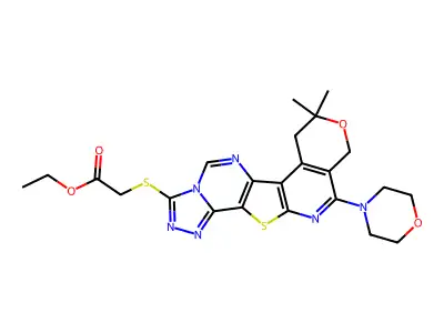 ethyl 2-((8,8-dimethyl-11-morpholino-8,10-dihydro-7H-pyrano[4'',3'':4',5']pyrido[3',2':4,5]thieno[2,3-e][1,2,4]triazolo[4,3-c]pyrimidin-3-yl)thio)acetate structure