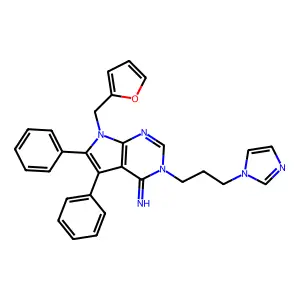 7-(furan-2-ylmethyl)-3-(3-imidazol-1-ylpropyl)-5,6-diphenylpyrrolo[2,3-d]pyrimidin-4-imine structure