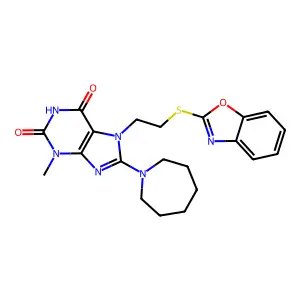 8-(azepan-1-yl)-7-(2-(benzo[d]oxazol-2-ylthio)ethyl)-3-methyl-1H-purine-2,6(3H,7H)-dione structure