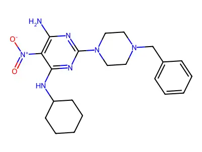 2-(4-benzylpiperazin-1-yl)-N4-cyclohexyl-5-nitropyrimidine-4,6-diamine structure