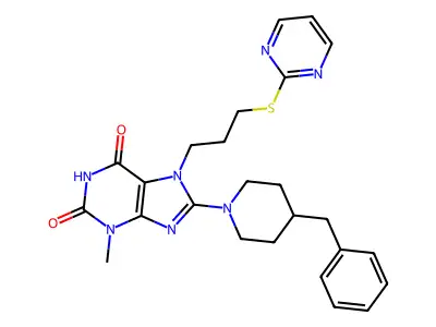 8-(4-benzylpiperidin-1-yl)-3-methyl-7-[3-(pyrimidin-2-ylsulfanyl)propyl]-2,3,6,7-tetrahydro-1H-purine-2,6-dione structure