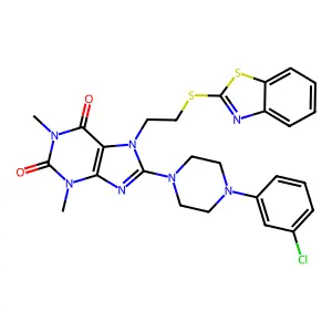 7-(2-(benzo[d]thiazol-2-ylthio)ethyl)-8-(4-(3-chlorophenyl)piperazin-1-yl)-1,3-dimethyl-1H-purine-2,6(3H,7H)-dione structure