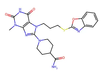 1-(7-(3-(benzo[d]oxazol-2-ylthio)propyl)-3-methyl-2,6-dioxo-2,3,6,7-tetrahydro-1H-purin-8-yl)piperidine-4-carboxamide structure