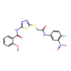 N-[5-[2-(4-fluoro-3-nitroanilino)-2-oxoethyl]sulfanyl-1,3,4-thiadiazol-2-yl]-2-methoxybenzamide structure
