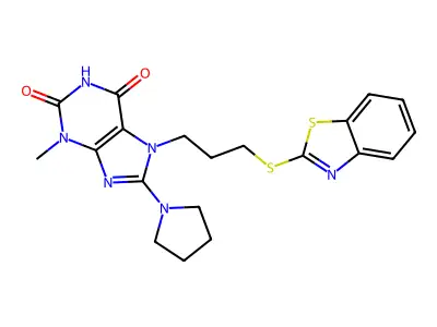 7-[3-(1,3-benzothiazol-2-ylsulfanyl)propyl]-3-methyl-8-(pyrrolidin-1-yl)-2,3,6,7-tetrahydro-1H-purine-2,6-dione structure