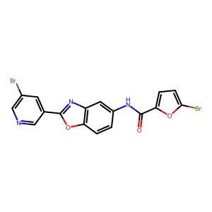5-bromo-N-[2-(5-bromopyridin-3-yl)-1,3-benzoxazol-5-yl]furan-2-carboxamide structure