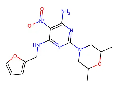 2-(2,6-dimethylmorpholino)-N4-(furan-2-ylmethyl)-5-nitropyrimidine-4,6-diamine structure