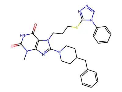 8-(4-benzylpiperidin-1-yl)-3-methyl-7-(3-((1-phenyl-1H-tetrazol-5-yl)thio)propyl)-1H-purine-2,6(3H,7H)-dione structure