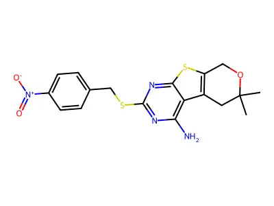 6,6-dimethyl-2-((4-nitrobenzyl)thio)-6,8-dihydro-5H-pyrano[4',3':4,5]thieno[2,3-d]pyrimidin-4-amine structure