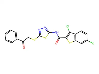 3,6-dichloro-N-{5-[(2-oxo-2-phenylethyl)sulfanyl]-1,3,4-thiadiazol-2-yl}-1-benzothiophene-2-carboxamide structure