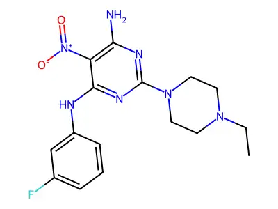 2-(4-ethylpiperazin-1-yl)-N4-(3-fluorophenyl)-5-nitropyrimidine-4,6-diamine structure