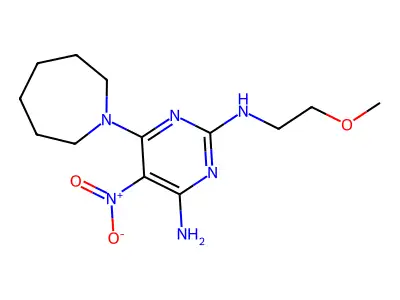 6-(azepan-1-yl)-2-N-(2-methoxyethyl)-5-nitropyrimidine-2,4-diamine structure