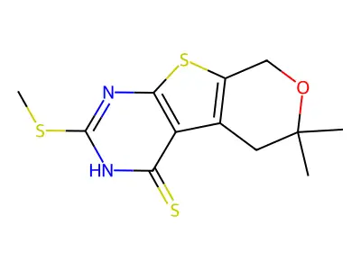 6,6-dimethyl-2-(methylsulfanyl)-3,5,6,8-tetrahydro-4H-pyrano[4',3':4,5]thieno[2,3-d]pyrimidine-4-thione structure