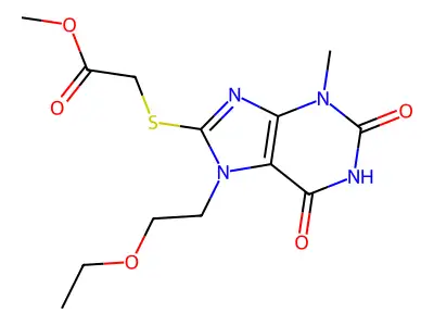 Methyl 2-[7-(2-ethoxyethyl)-3-methyl-2,6-dioxopurin-8-yl]sulfanylacetate structure