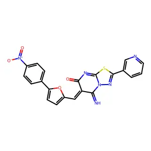 (6Z)-5-imino-6-[[5-(4-nitrophenyl)furan-2-yl]methylidene]-2-pyridin-3-yl-[1,3,4]thiadiazolo[3,2-a]pyrimidin-7-one structure