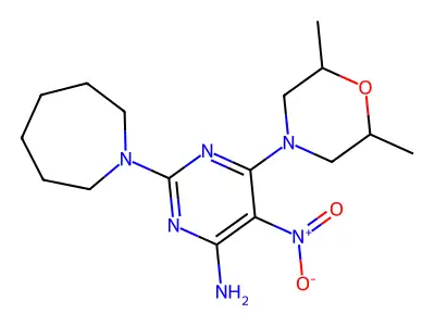 2-(Azepan-1-yl)-6-(2,6-dimethylmorpholin-4-yl)-5-nitropyrimidin-4-amine structure