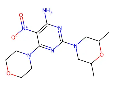 2-(2,6-Dimethylmorpholin-4-yl)-6-(morpholin-4-yl)-5-nitropyrimidin-4-amine structure