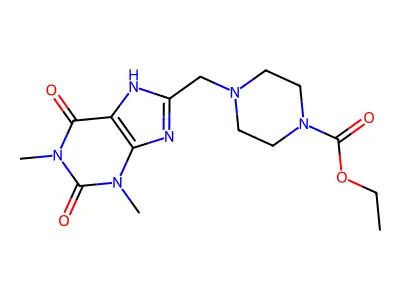 Ethyl 4-[(1,3-dimethyl-2,6-dioxo-7H-purin-8-yl)methyl]piperazine-1-carboxylate structure