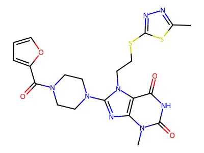 8-[4-(furan-2-carbonyl)piperazin-1-yl]-3-methyl-7-[2-[(5-methyl-1,3,4-thiadiazol-2-yl)sulfanyl]ethyl]purine-2,6-dione structure